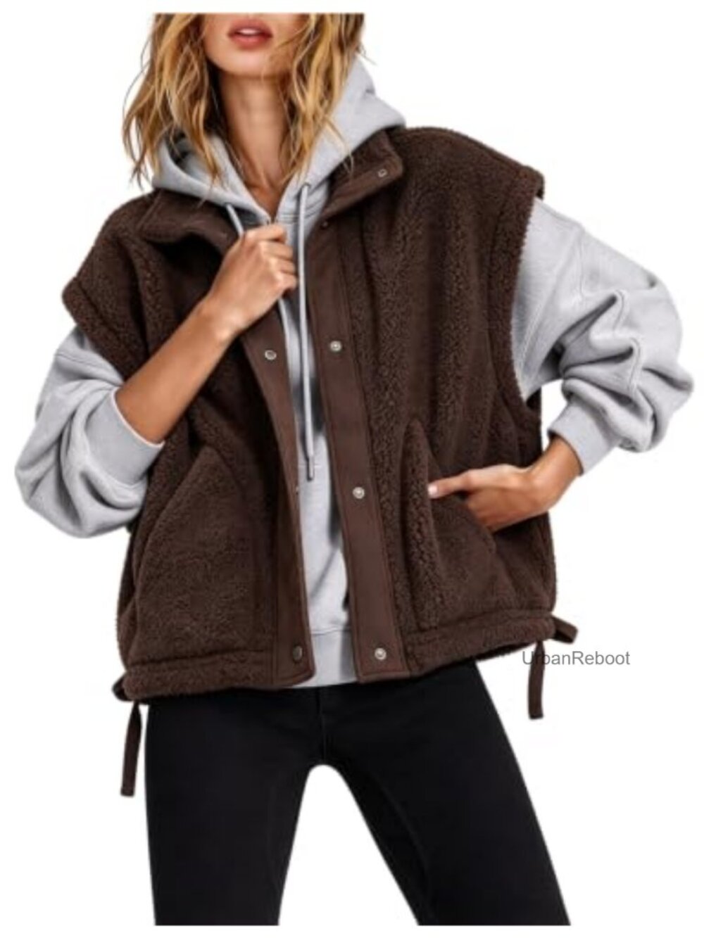 Oversized Sherpa Fleece Vest Fuzzy Sleeveless Snap Gilet Women